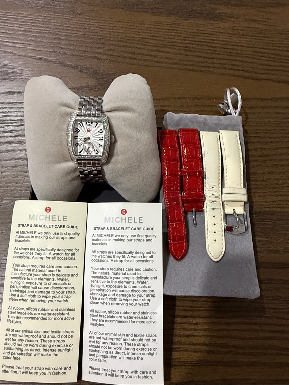 Michele Silver Watch with Red and Cream Interchangeable Straps